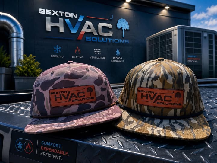 Sexton HVAC Solutions branded hats and company identity